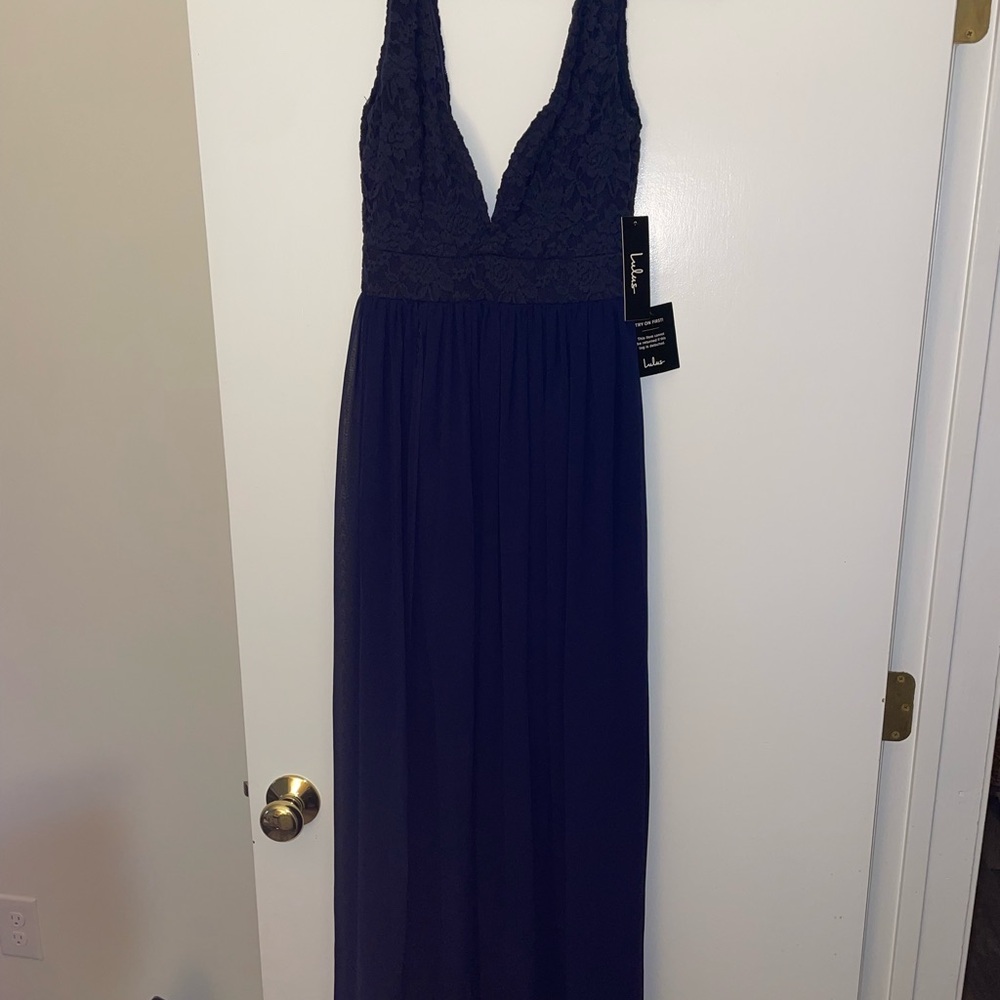 Elegant Navy Blue Lace Maxi Dress